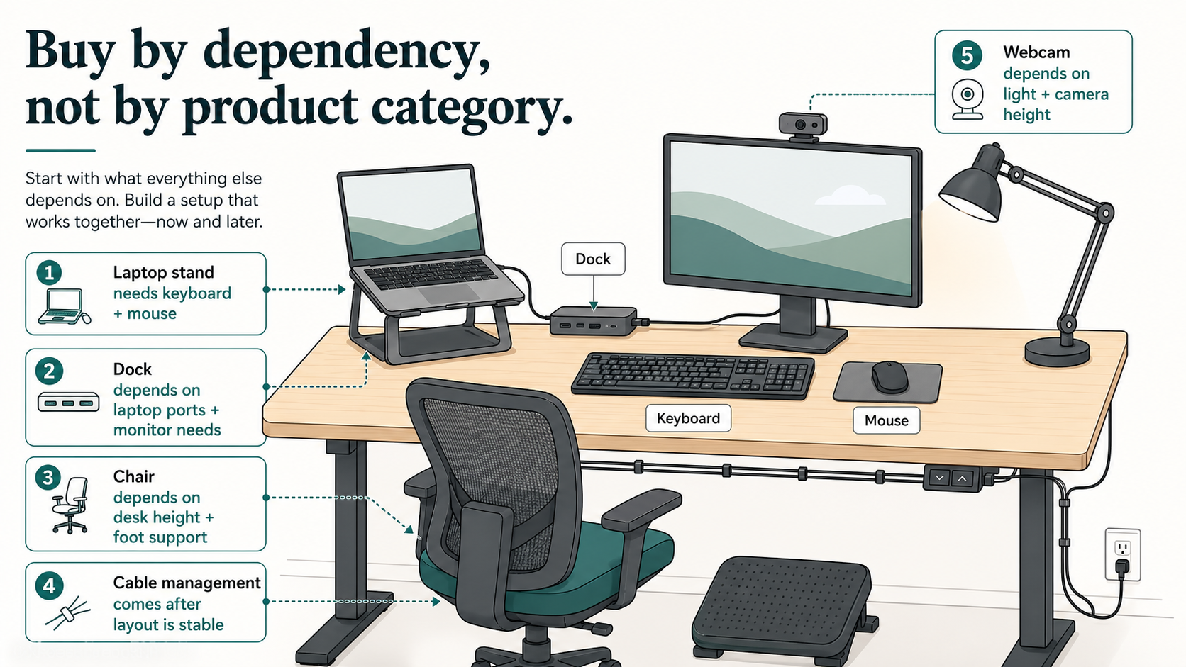 Home-office dependency diagram showing that a laptop stand needs keyboard and mouse, a dock depends on laptop ports and monitor needs, a chair depends on desk height and foot support, cable management comes after a stable layout, and webcam quality depends on light and camera height.
