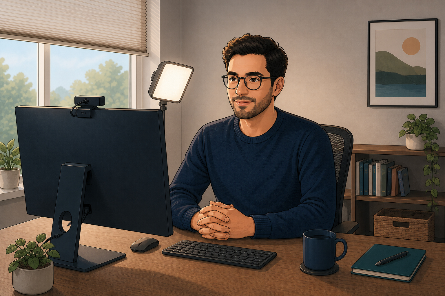 Conceptual video-call setup with a webcam near eye level, a diffused face light beside the monitor, and a side window with a blind