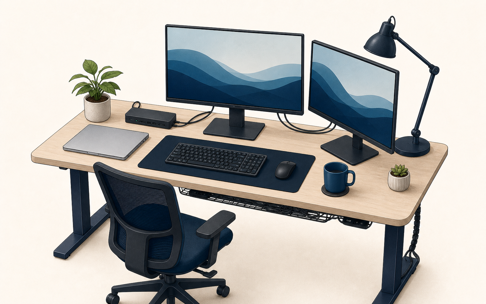Conceptual dual-monitor desk with the primary screen centered, a secondary screen angled to the side, a laptop, dock, and visible cable-management path
