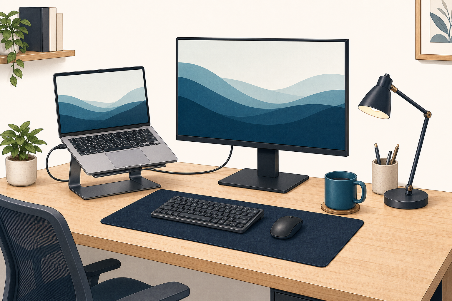Conceptual home-office setup with an external monitor, a laptop raised on a stand, and separate keyboard and mouse