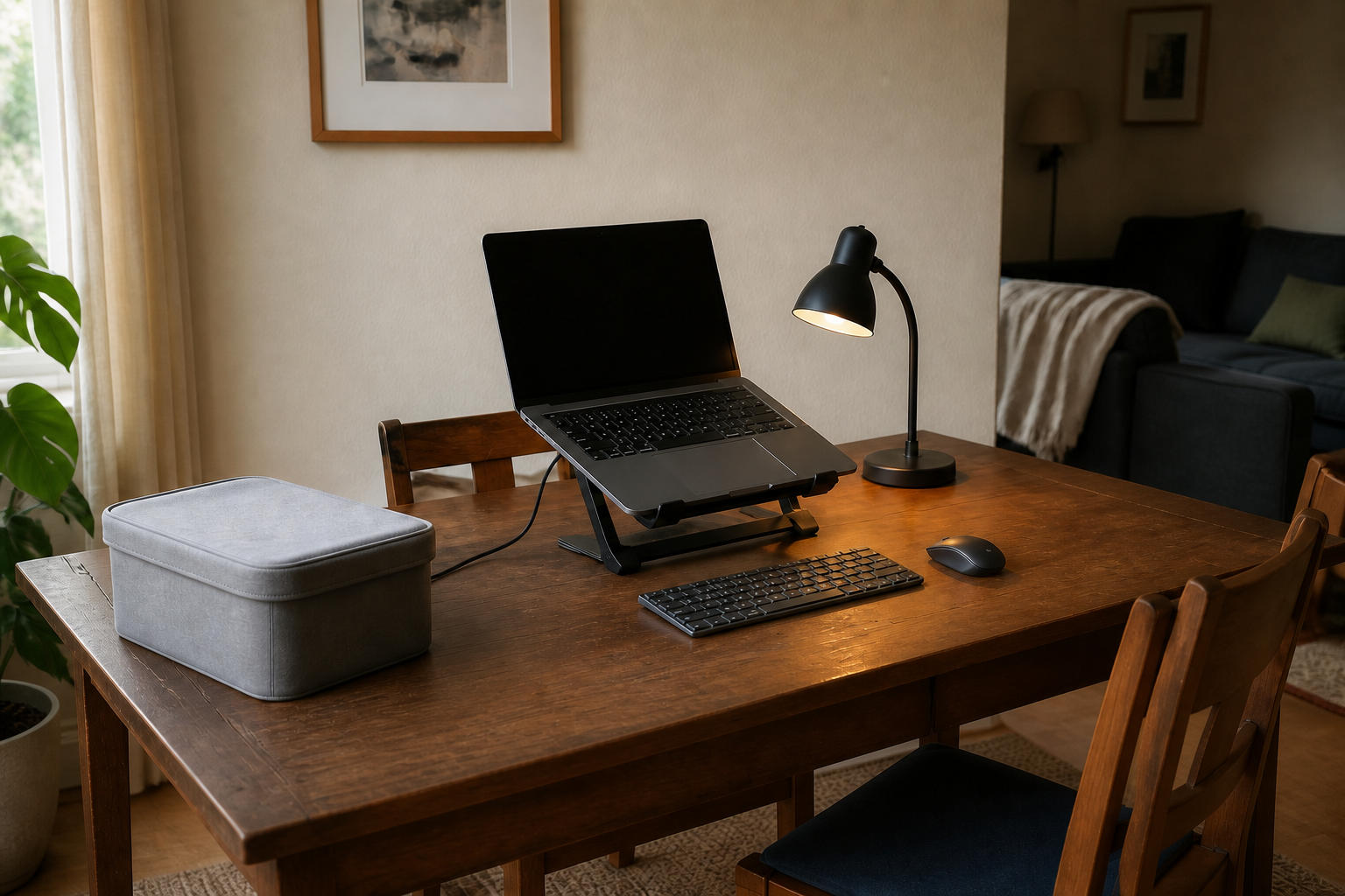 Compact laptop workstation on an ordinary dining table with separate keyboard and mouse, a small lamp, one cable, and a nearby storage bin
