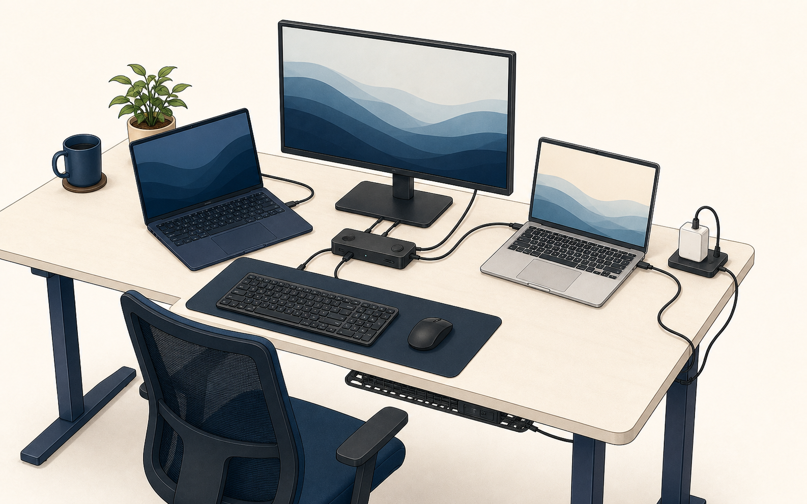 Conceptual desk with two laptops, one monitor, shared keyboard and mouse, a compact switching device, separate power, and visible cable paths