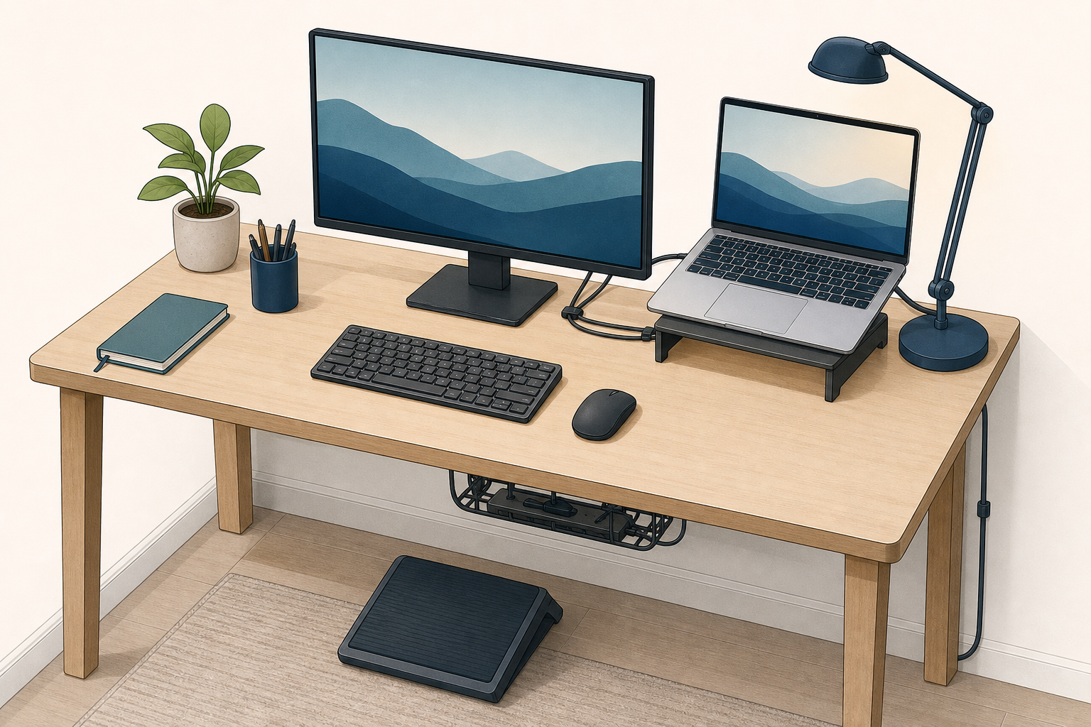 Conceptual modest home-office setup with a monitor, raised laptop, separate keyboard and mouse, task light, cable tray, and foot support