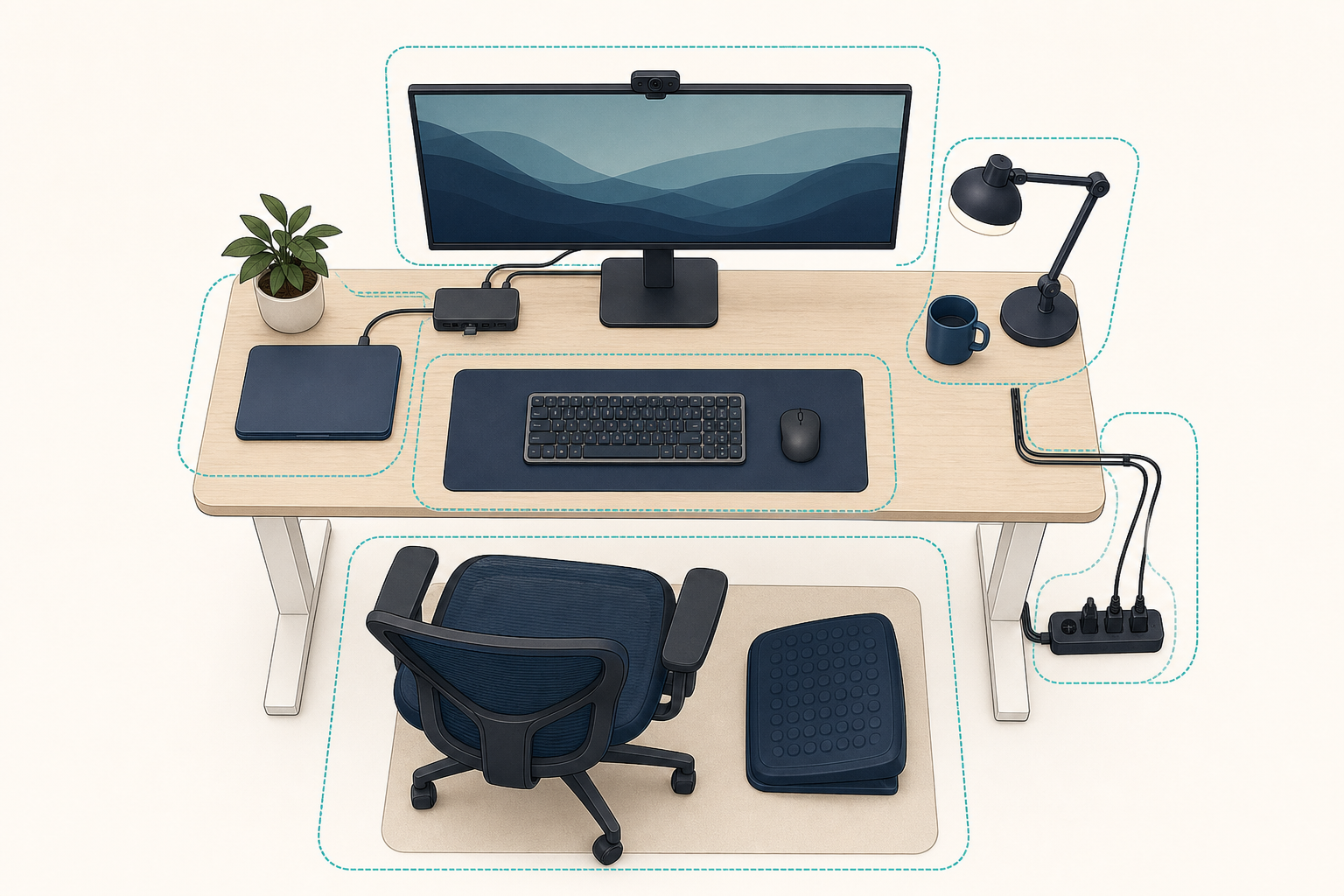 Top-down conceptual workstation divided into screen, input, support, lighting, and power and cable zones